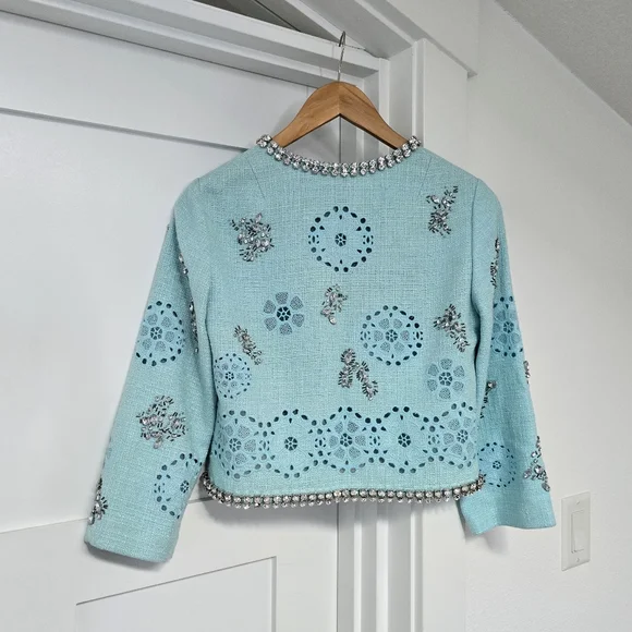 🆕️ Per Se Carlisle Per Elegant Crystal Floral Tweed Blazer in Mint Aqua Blue - Picture 7 of 10
